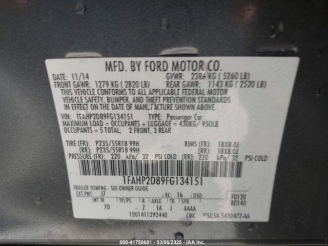 1FAHP2D89FG134151 Ford TAURUS SE