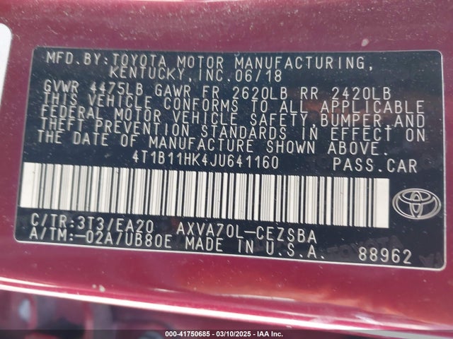 4T1B11HK4JU641160 Toyota CAMRY SE
