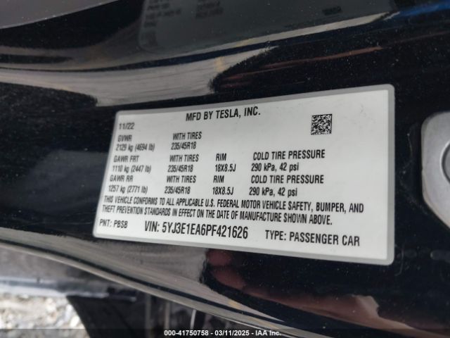 5YJ3E1EA6PF421626 Tesla Model 3 Rear-wheel Drive