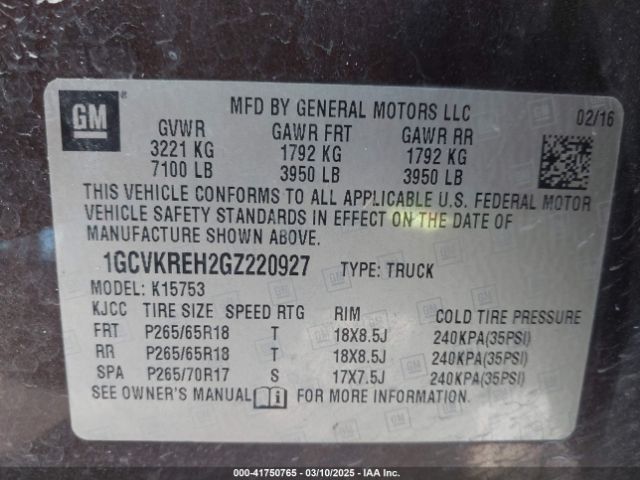 1GCVKREH2GZ220927 Chevrolet Silverado 1500 1lt