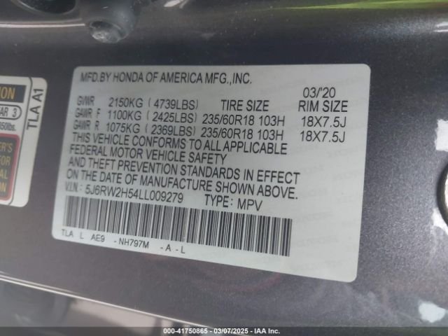 5J6RW2H54LL009279 Honda Cr-v Awd Ex