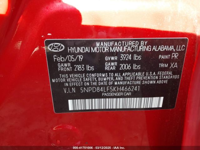 5NPD84LF5KH466241 Hyundai ELANTRA SEL