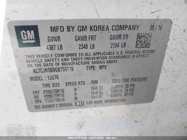 KL7CJNSB9GB759778 Chevrolet Trax 1ls