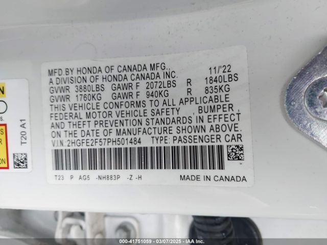 2HGFE2F57PH501484 Honda Civic Sport