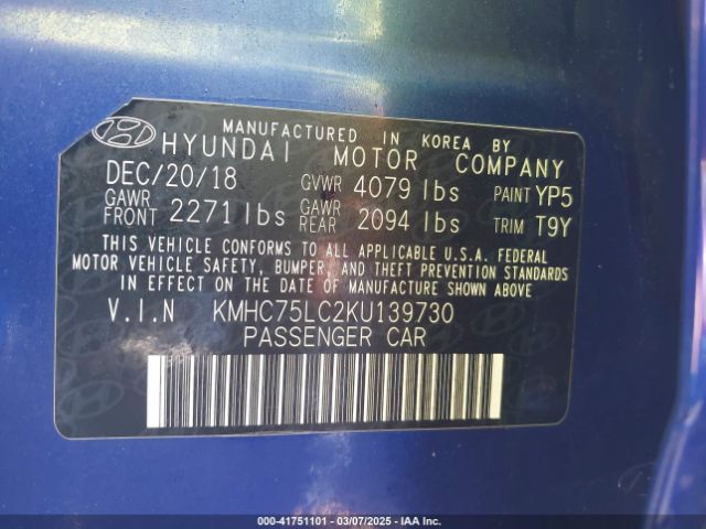 KMHC75LC2KU139730 Hyundai Ioniq Hybrid Sel