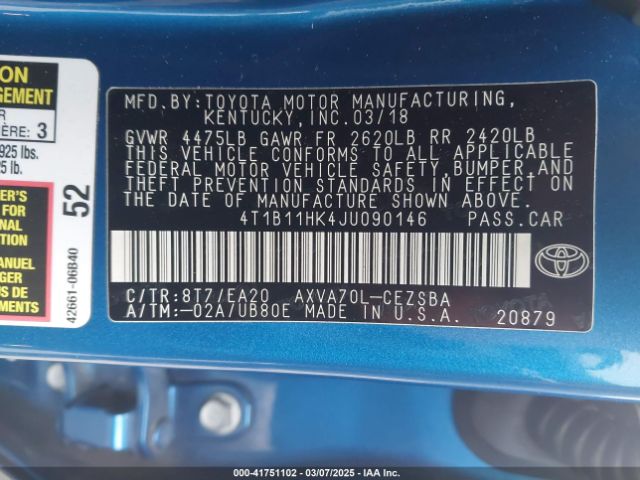 4T1B11HK4JU090146 Toyota CAMRY SE