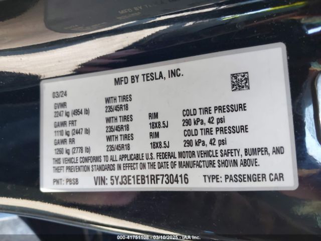 5YJ3E1EB1RF730416 Tesla Model 3 Long Range Dual Motor All-wheel Drive