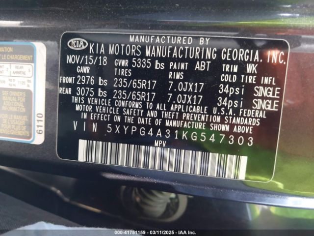 5XYPG4A31KG547303 KIA Sorento 2.4l Lx