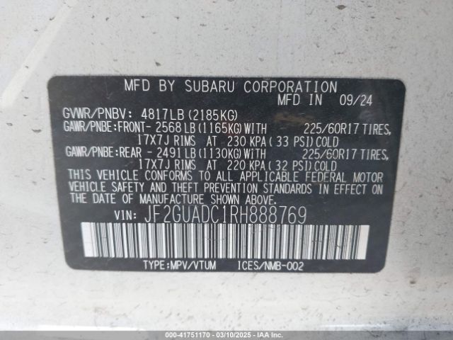 JF2GUADC1RH888769 Subaru Crosstrek Premium