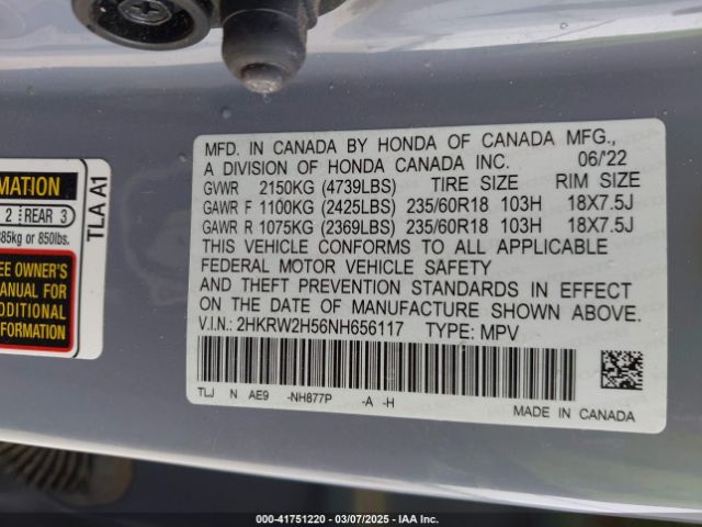 2HKRW2H56NH656117 Honda Cr-v Awd Ex