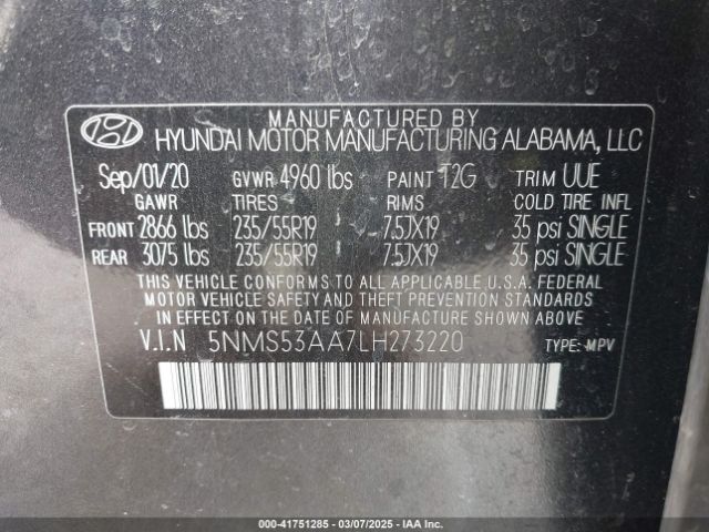 5NMS53AA7LH273220 Hyundai Santa Fe Limited 2.0t