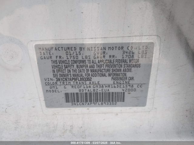3N1CN7AP9FL893352 Nissan Versa 1.6 Sv