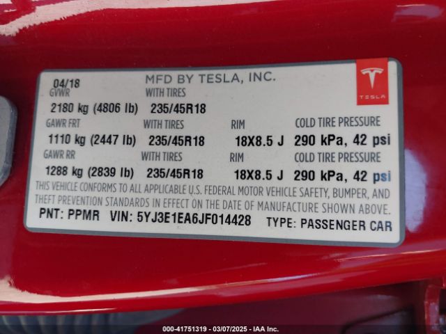 5YJ3E1EA6JF014428 Tesla Model 3 Long Range/mid Range
