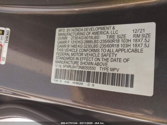 5FNRL6H73NB050550 Honda Odyssey Ex-l