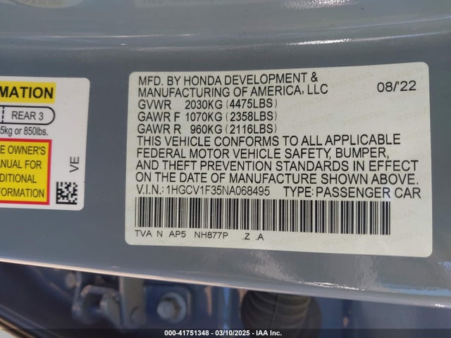 1HGCV1F35NA068495 Honda Accord Sport