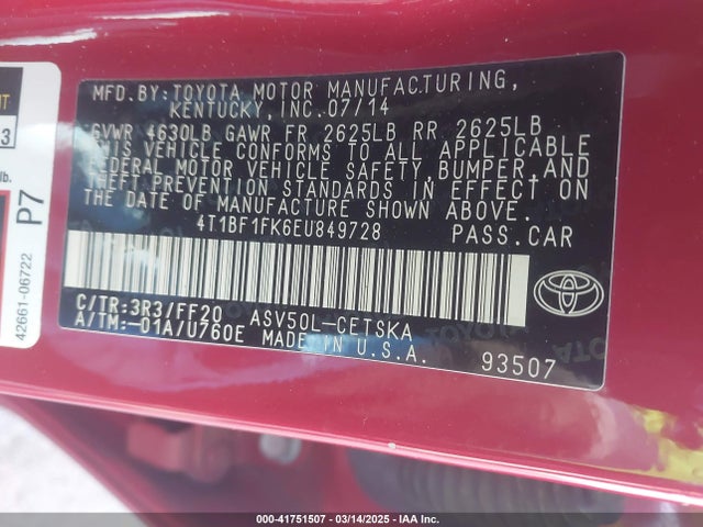 4T1BF1FK6EU849728 Toyota CAMRY SE