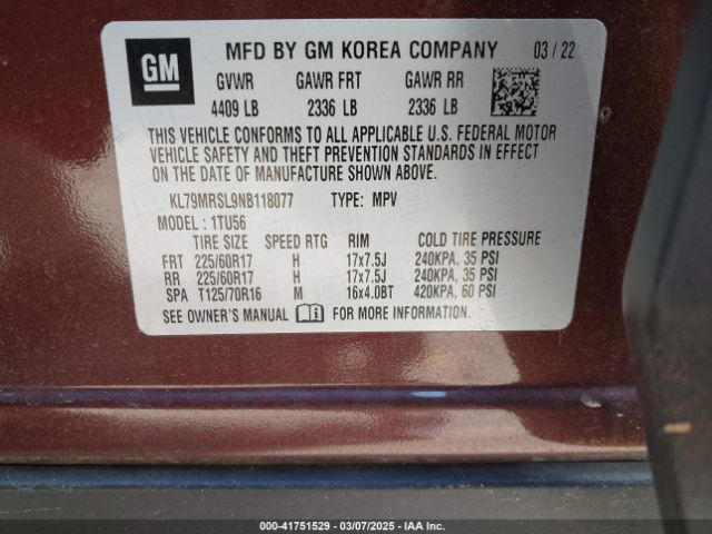 KL79MRSL9NB118077 Chevrolet Trailblazer Awd Lt