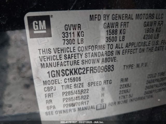 1GNSCKKC2FR509683 Chevrolet Suburban 1500 Ltz