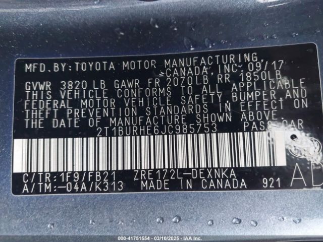 2018 TOYOTA COROLLA 2T1BURHE6JC985753 Photo 8