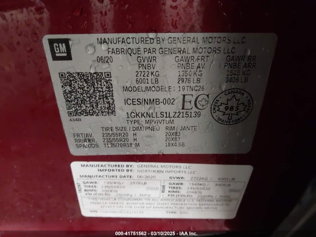 1GKKNLLS1LZ215139 GMC lgx - direct injection, variable valve timing, alum, gen 2