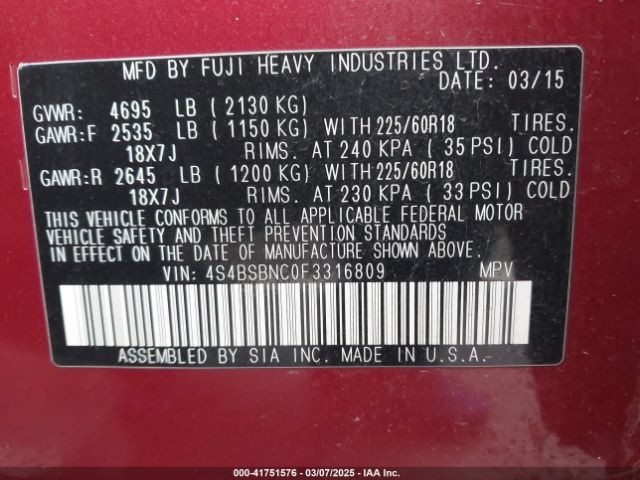 4S4BSBNC0F3316809 Subaru Outback 2.5i Limited