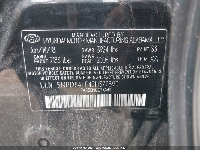 5NPD84LF4JH377890 Hyundai ELANTRA SEL