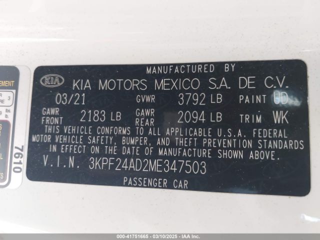 3KPF24AD2ME347503 KIA Forte Lxs
