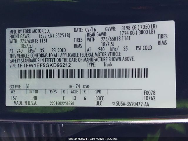 1FTFW1EF5GKD96212 Ford F-150 Lariat