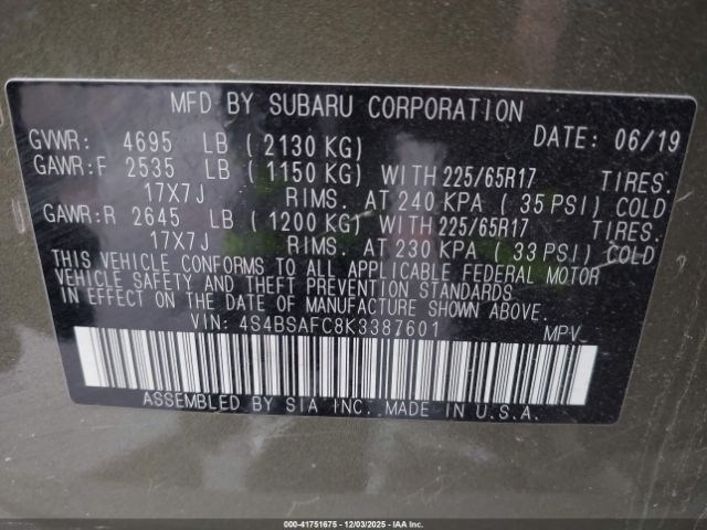 2019 SUBARU OUTBACK 4S4BSAFC8K3387601 Photo 8