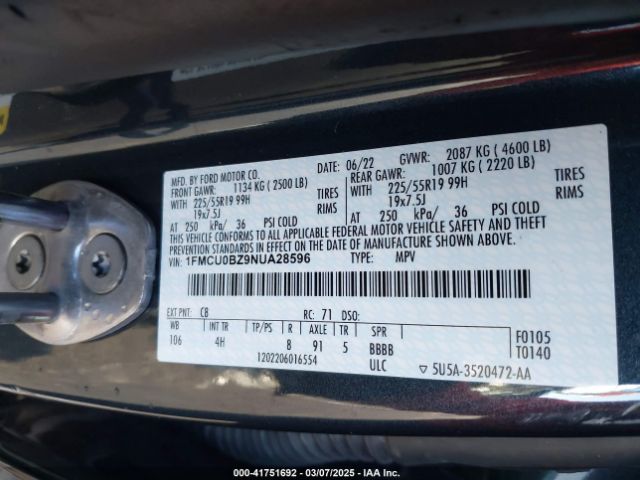 1FMCU0BZ9NUA28596 Ford Escape Se Hybrid