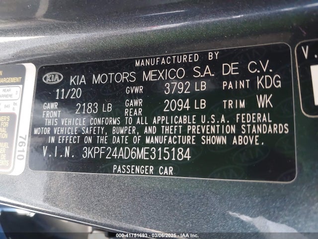 3KPF24AD6ME315184 KIA Forte Lxs
