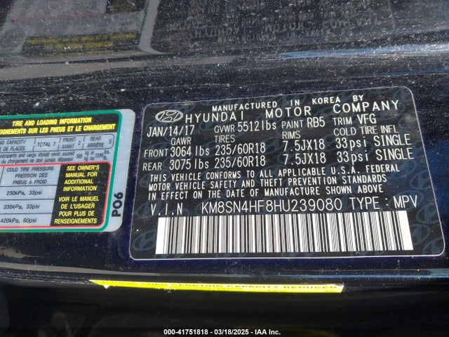 KM8SN4HF8HU239080 Hyundai Santa Fe Se