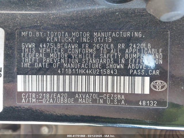 4T1B11HK4KU215843 Toyota CAMRY SE