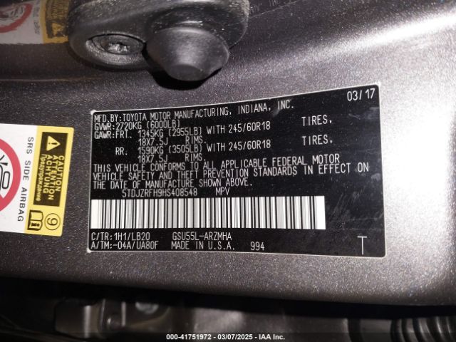 5TDJZRFH9HS408548 Toyota Highlander Xle