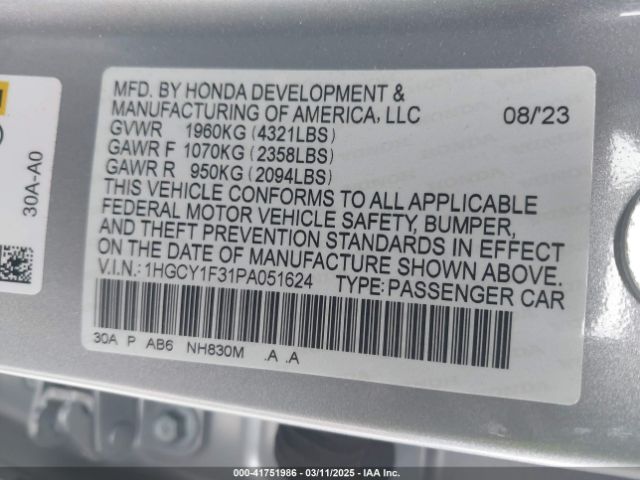 1HGCY1F31PA051624 Honda ACCORD EX