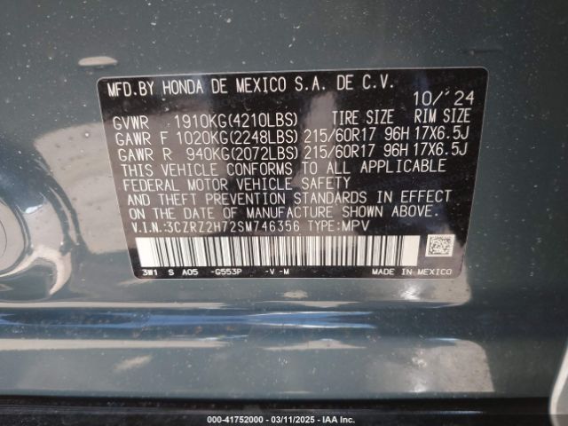 3CZRZ2H72SM746356 Honda Hr-v Awd Ex-l