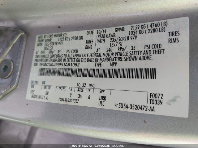 Ford Escape Titanium 2015 1FMCU0J99FUA61052 Image 9