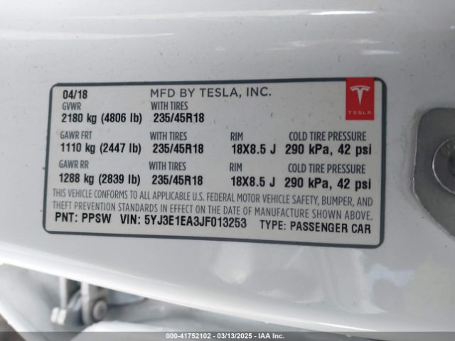 5YJ3E1EA3JF013253 Tesla Model 3 Long Range/mid Range