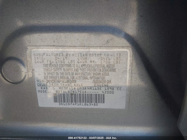 3N1CN7AP1KL863482 Nissan Versa 1.6 Sv