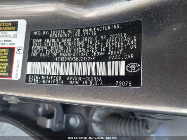 4T1BD1FK5HU215238 Toyota Camry Hybrid Le