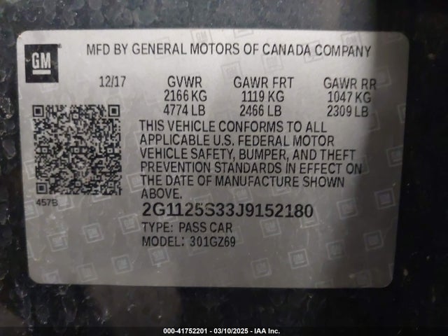 Chevrolet IMPALA 2LZ 2018 2G1125S33J9152180 Image 9