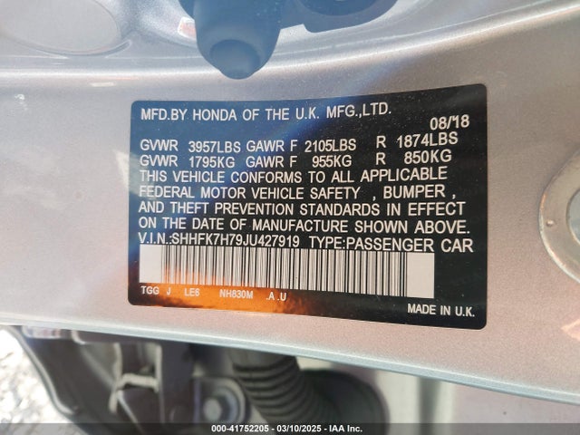 SHHFK7H79JU427919 Honda Civic Ex-l