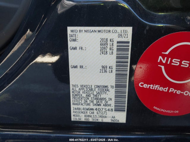 Nissan Altima 2021 1N4BL4EW6MN407548 Image 9