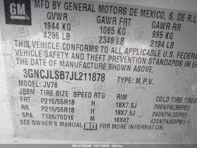 3GNCJLSB7JL211878 Chevrolet Trax Lt