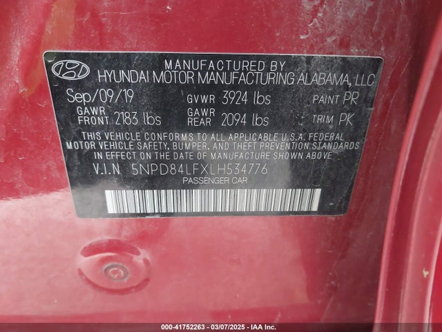 5NPD84LFXLH534776 Hyundai ELANTRA SEL