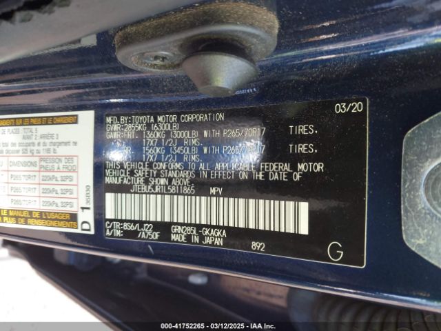 JTEBU5JR1L5811865 Toyota 1gr-fe