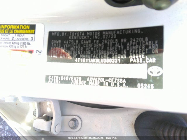 41752300 :رقم المزاد ، 4T1G11AK9LU360331 vin ، 2020 Toyota Camry Se مزاد بيع