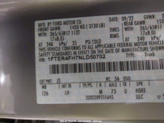 1FTER4FH7NLD50702 Ford Ranger Xlt