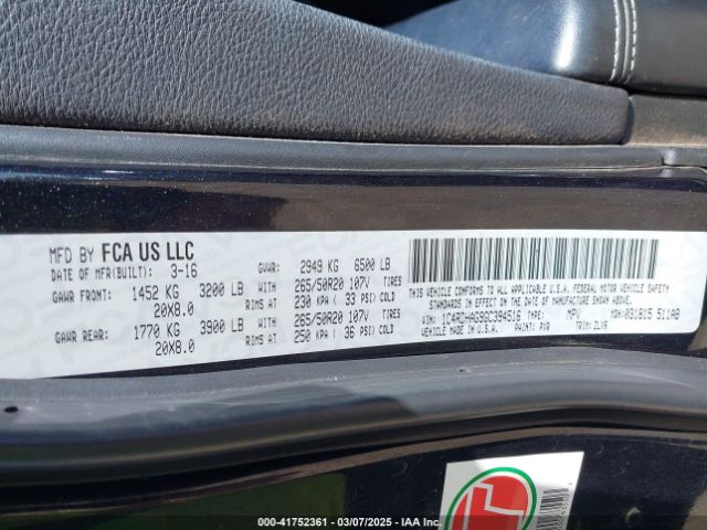 1C4RDHAG9GC394516 Dodge Durango Sxt