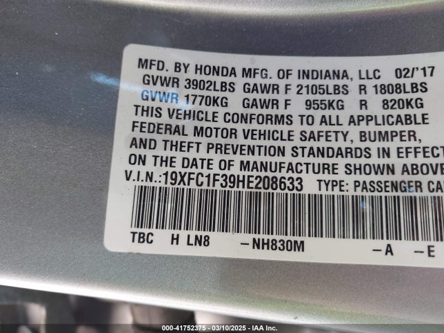 19XFC1F39HE208633 Honda Civic Ex-t
